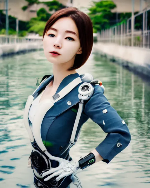 Image similar to beautiful centered photo of korean girl as a solarpunk cyborg with white mechanical parts and implanted bright halogen lamps, treading above calm water, ultra - realistic and detailed, sun lit, white background, bokeh, soft focus, slow exposure hdr 8 k