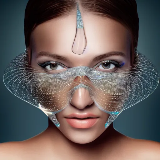 Prompt: portrait of a beautiful futuristic woman layered with high-tech jewelry wrapping around her face and head, 2048