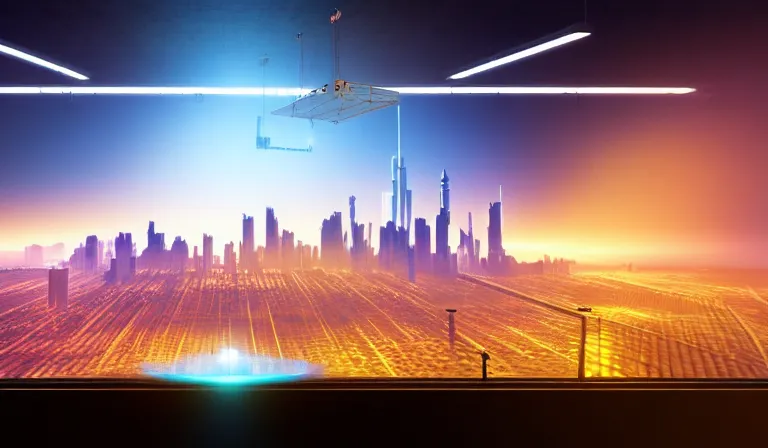 Image similar to crowd in simple warehouse, looking at hologram of futuristic city on a table, cinematic concept art, godrays, golden hour, natural sunlight, 4 k, clear details, tabletop model buildings, center model buildings, hologram center, crane shot, crane shot, crane shot