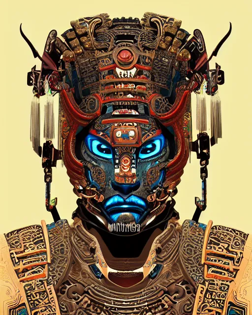 Image similar to portrait of a mayan masculine male cyberpunk jaguar warrior, machine face, upper half portrait, decorated with chinese opera motifs, muscular, asian, fine china, wuxia, traditional chinese art, intricate intense elegant, highly detailed symmetry headpiece digital painting artstation concept art smooth sharp focus illustration, art by moebius and frank miller alphonse mucha 8 k