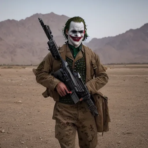 Image similar to cinematic shot of the joker as a us marine in afghanistan, 8 k, very detailed, very intricate,