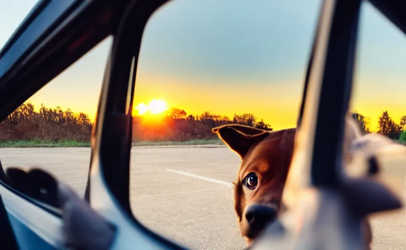 Prompt: a dog is looking out of a driving car window at sunset