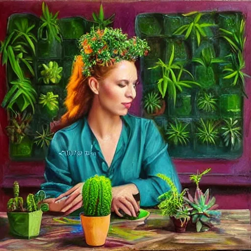 Image similar to painting by Tony Sart of a beautiful blonde woman with shoulder length hair in a forest green dress putting colorful succulents into rainbow pots at a square table