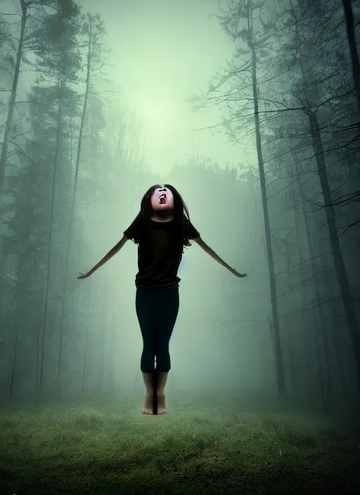 Prompt: an angry girl floating in the sky at night giving a creepy feel, the girl is screaming, dark background, fog, forest, horror, extremely realistic and highly detailed, soft light, gold ratio