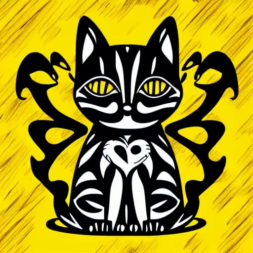 Image similar to tattoo sketch of a cat hugging the sun, on a yellow paper, african ornament, minimalism, vector