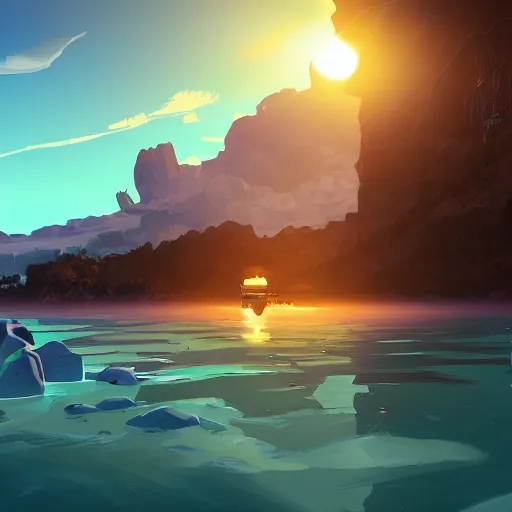 Prompt: worlds adrift game screenshot of a sunset, artstation, concept art