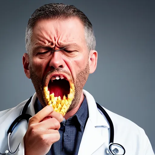 Image similar to extremely detailed portrait closeup of a doctor angrily yelling at a corncob, bloodshot teary eyes and immense anger