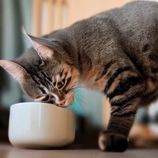 Image similar to cat first person perspective. camera mounted on a cat drinking milk. what a cat sees