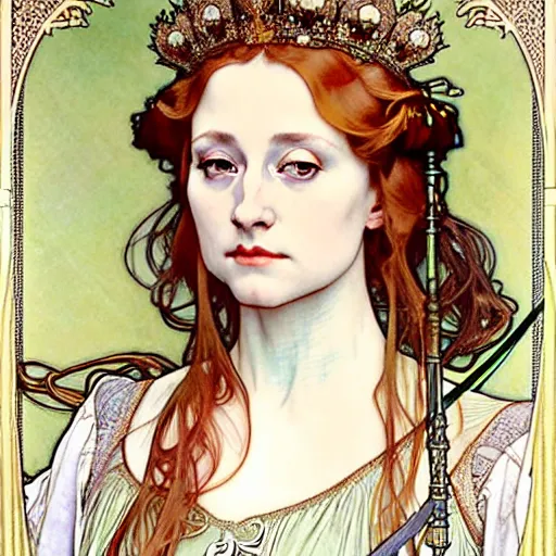 Prompt: realistic detailed face portrait of beautiful young Queen Elizabeth Tudor in the style of Alphonse Mucha by Alphonse Mucha, Ayami Kojima, Yoshitaka Amano, Charlie Bowater, Greg Hildebrandt, Jean Delville, Adam Hughes, Karol Bak, and Mark Brooks, Art Nouveau, Gothic Revival, Pre-Raphaelite, exquisite fine details, 4k resolution, Behance HD, deep rich moody colors