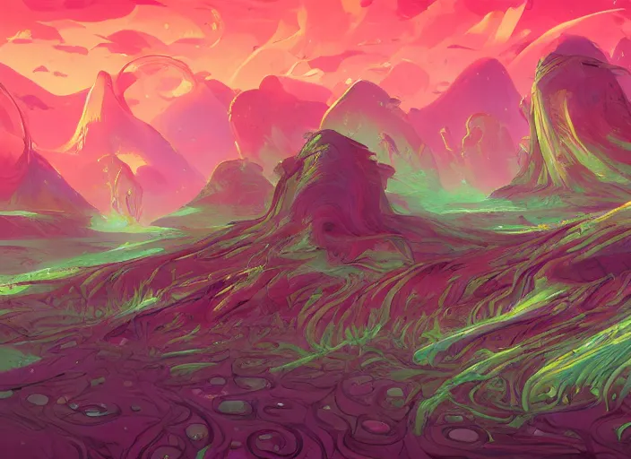 Image similar to psychedelic concept art of an alien landscape made of baked beans, cel shaded, in the style of makoto shinkai and moebius and peter mohrbacher and anton fadeev