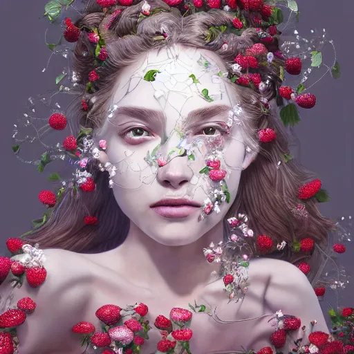 Image similar to the portrait of an absurdly beautiful, graceful, elegant, sophisticated, fashionable young woman made of strawberries and white petals with tears, an ultrafine hyperdetailed illustration by kim jung gi, irakli nadar, intricate linework, bright colors, octopath traveler, final fantasy, unreal engine 5 highly rendered, global illumination, radiant light, detailed and intricate environment