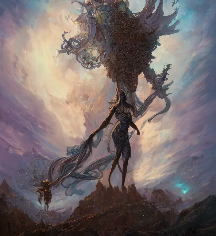 Prompt: full body illustration of a goddess, tarot card, dark souls colour scheme, establishing shot, coherent, high detailed, peter mohrbacher, kerem beyit, Karol Bak, Chris Cold, james gurney, dan mumford, featured on artstation