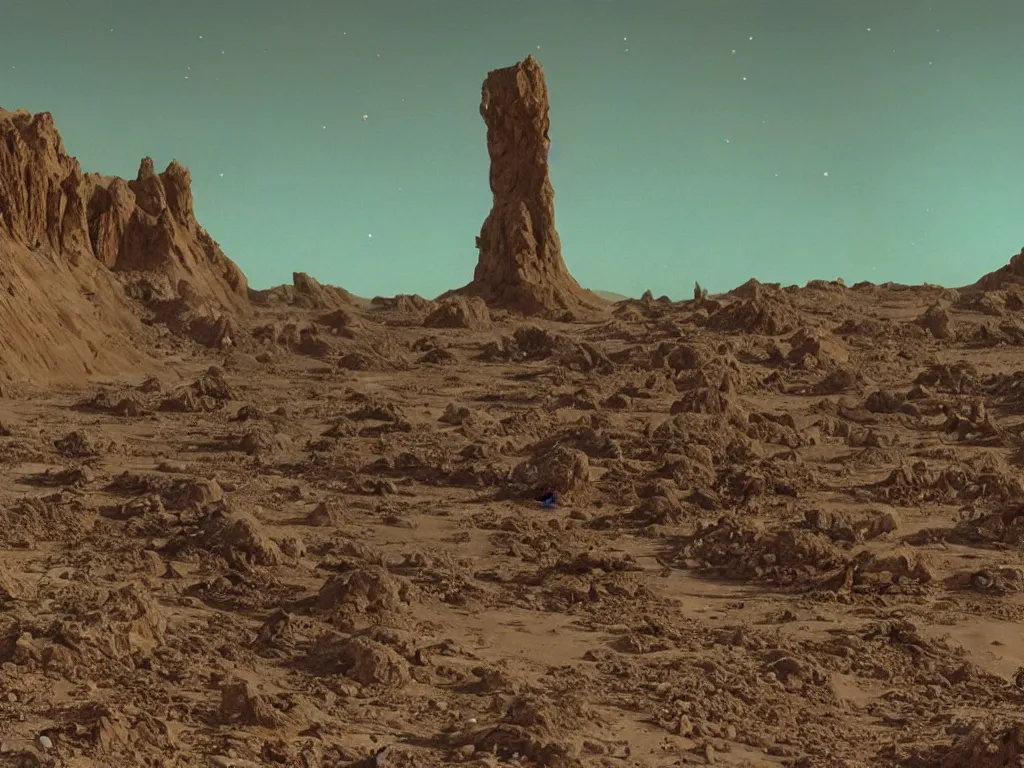 Prompt: glowing bene gesserit in full - face golden mask in a dry rocky desert landscape with lovecraftian abandoned city beneath the sand, giant bones everywhere, super nova explosion in the sky by christopher doyle and alejandro jodorowsky, anamorphic lens, kodakchrome, cinematic composition, very detailed photo, 8 k,
