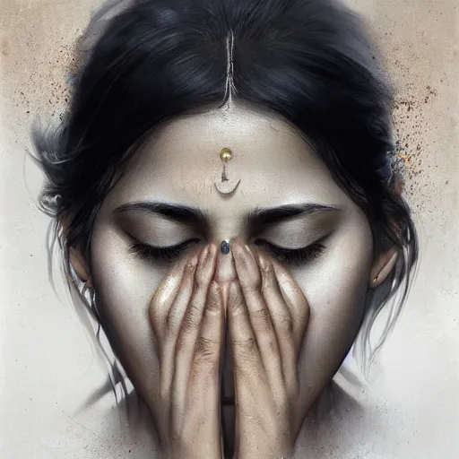 Image similar to Stunning portrait of Beautiful Indian womans face with her hands covering her eyes. Soft render, Greg Rutkowski details, Tears pouring down from her eyes, music album cover, artstation, pixivi