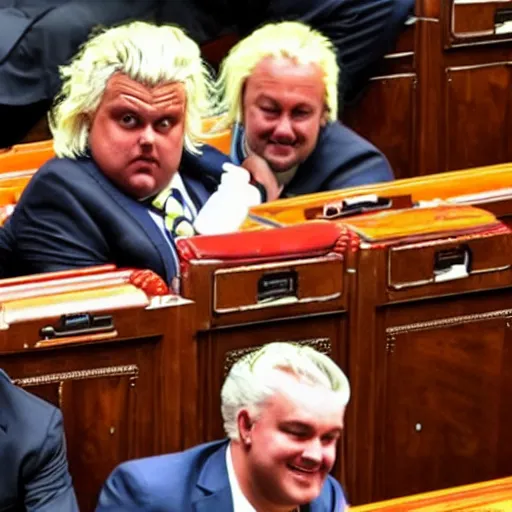 Image similar to obese geert wilders sitting in parliament bench