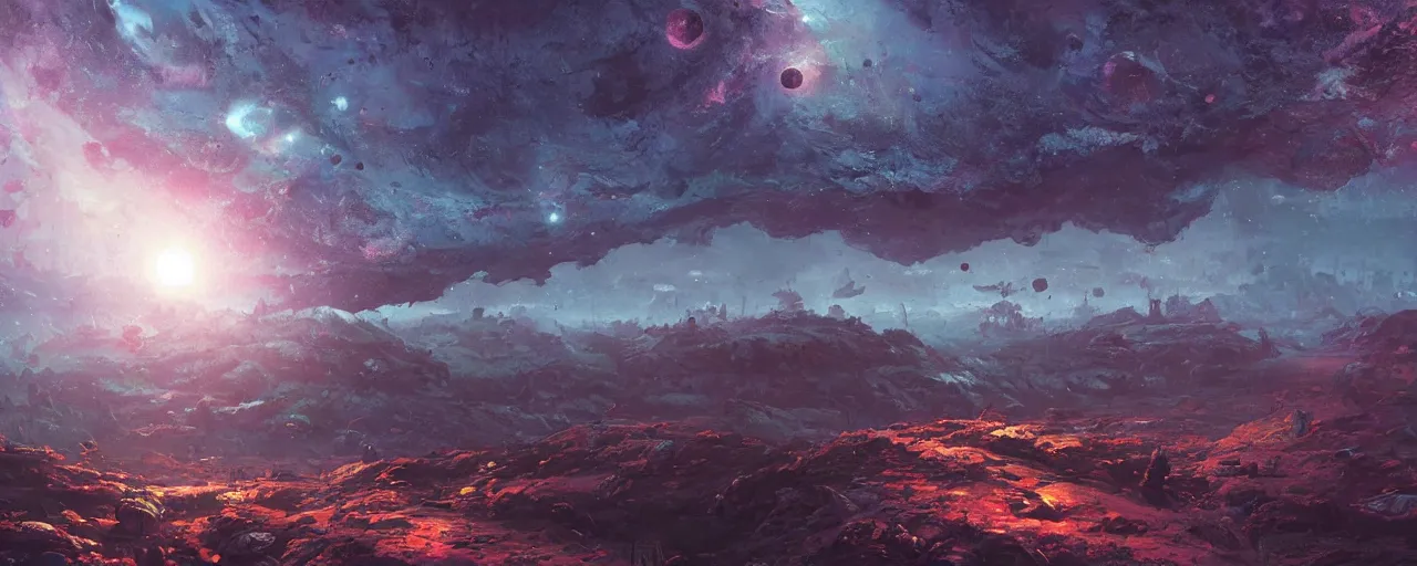 Image similar to ” outer planet landscape, [ cinematic, detailed, epic, widescreen, opening, establishing, mattepainting, photorealistic, realistic textures, octane render, art by paul lehr ] ”