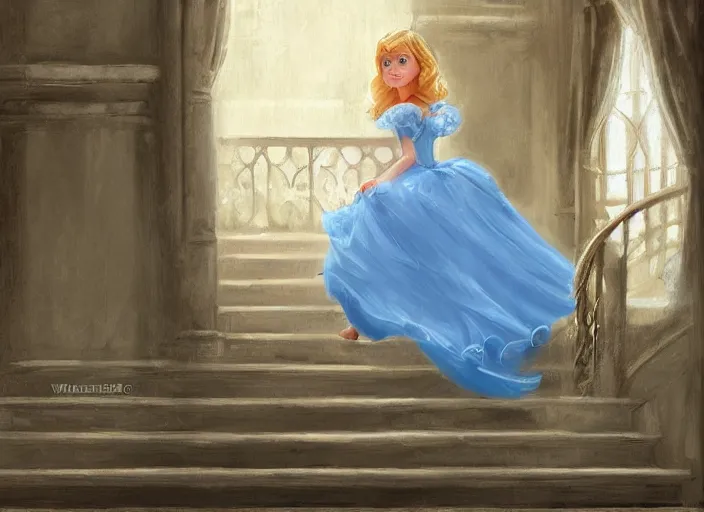 Image similar to a princess runing down a stair, cinderella, by wlop