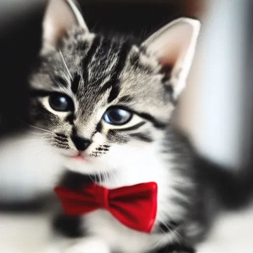 Prompt: a photograph of a kitten wearing a bowtie