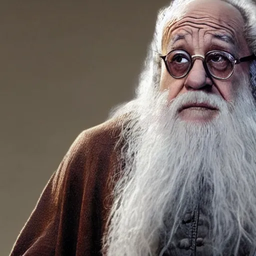 Image similar to movie still of danny devito starring as gandalf the white in the 2 0 2 4 lord of the rings movie, full body, hyper realistic, high quality, wide angle