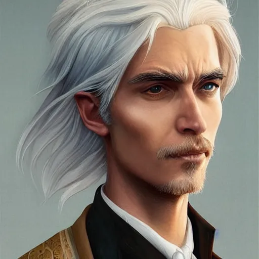 Prompt: man with white hair profile, dark circles, tired, unreal engine, Disney, intricate, elegant, highly detailed, digital art, art by JC Leyendecker and sachin teng