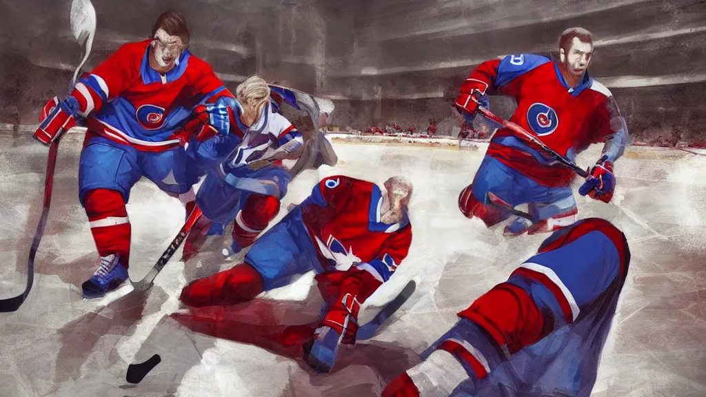 Prompt: A fantasy comic book style portrait painting of the ghost of Guy Lafleur and other Habs Legends playing hockey in a stunning cathedral arena in heaven, unreal 5, DAZ, hyperrealistic, octane render, RPG portrait, dynamic lighting