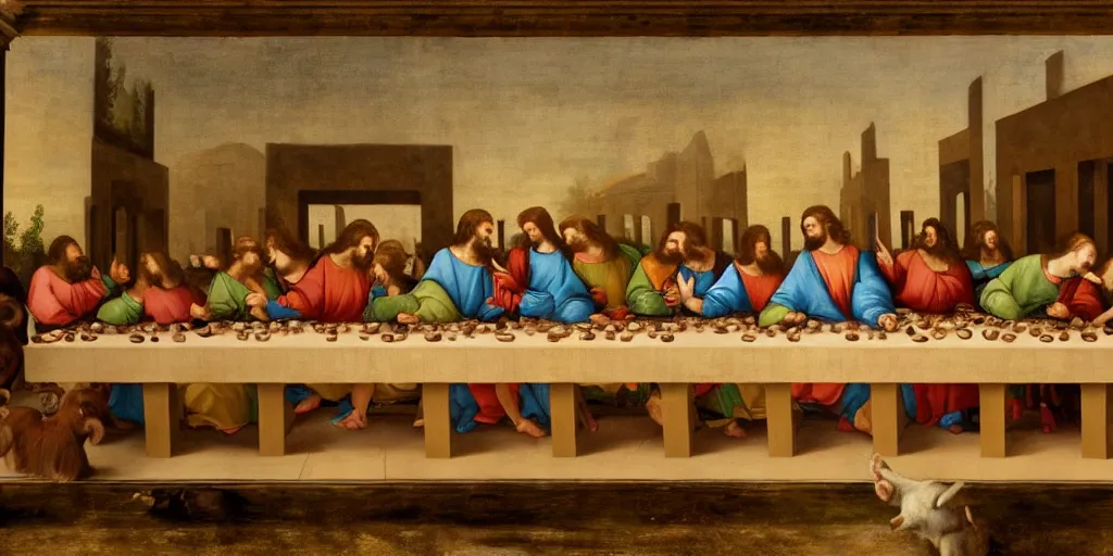 Image similar to an renaissance oil painting depicting animals, the last supper, masterpiece