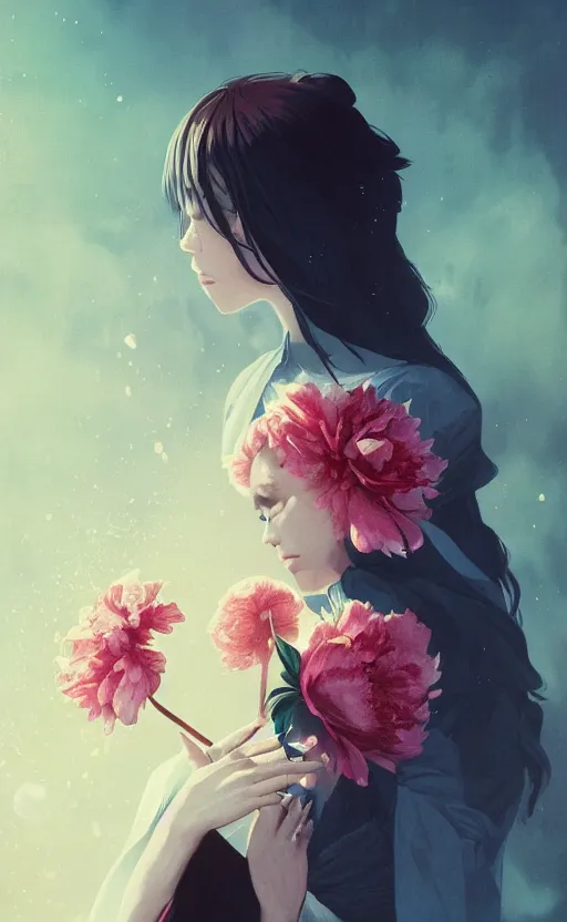 Prompt: bestselling movie poster, official media,a cinematic beautiful closeup moment of saying goodbye with peonies, simple form, brutal shapes, shaman, pixiv, 1970s fashion, official anime media, cinematic lighting, artwork by doja cat, charlie bowater, waterhouse, ,greg rutkowski, wong kar wai