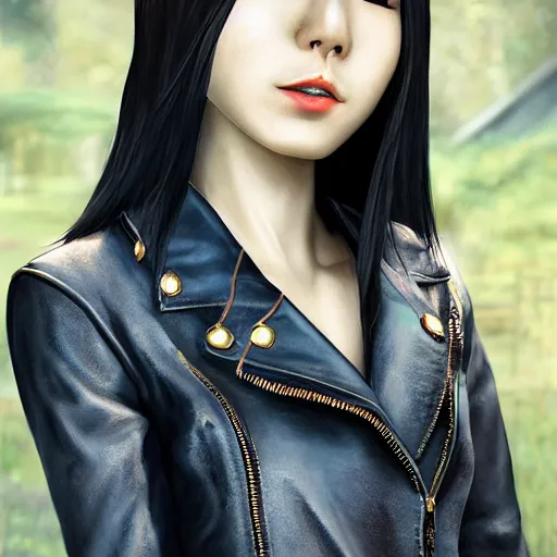 Prompt: perfect, realistic oil painting of close-up japanese young woman wearing leather jacket, in Perfect World mmorpg