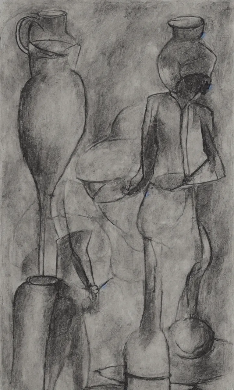 Prompt: abstract charcoal drawing of a woman at a pottery wheel making vases