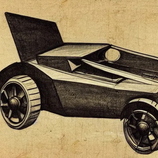 Prompt: an antique drawing of a low poly futuristic car, leonardo davinci, aged parchment