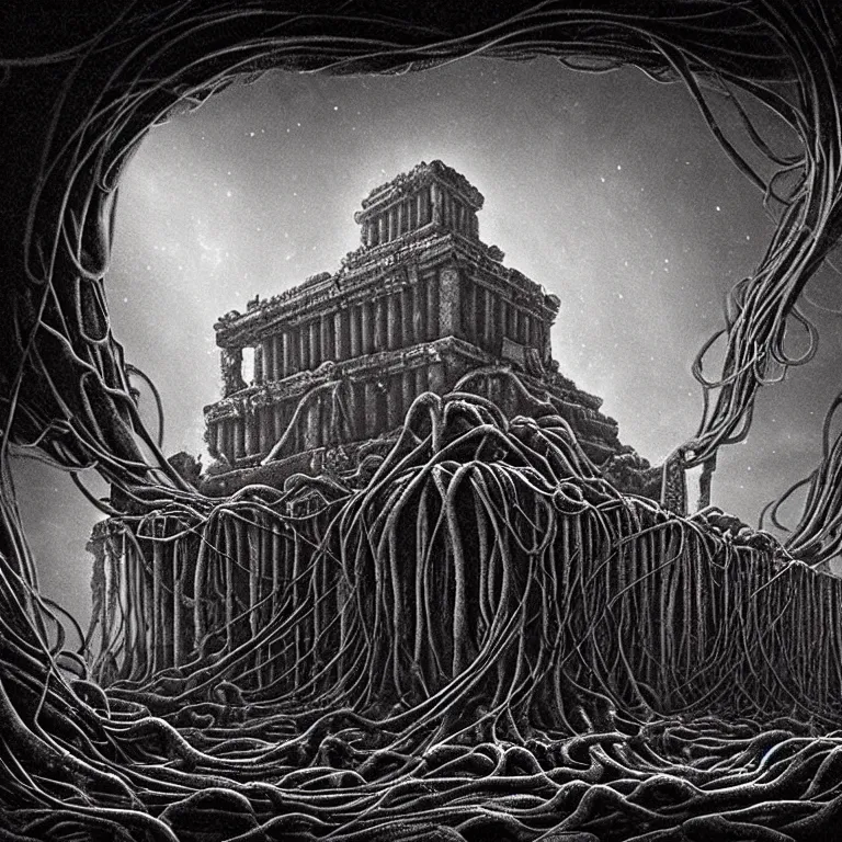 Prompt: still life of ribbed abandoned mayan temple on exoplanet in hell, covered with tentacles, roots, wires, tubes, organic flesh, meat, standing in a desolate empty wasteland, lit by a column of light from flying saucer ufo above, baroque painting, creepy, nightmare, dream-like heavy atmosphere, surreal abandoned buildings, baroque painting, beautiful detailed intricate insanely detailed octane render trending on Artstation, 8K artistic photography, photorealistic, chiaroscuro, Raphael, Caravaggio, Beksinski, Giger