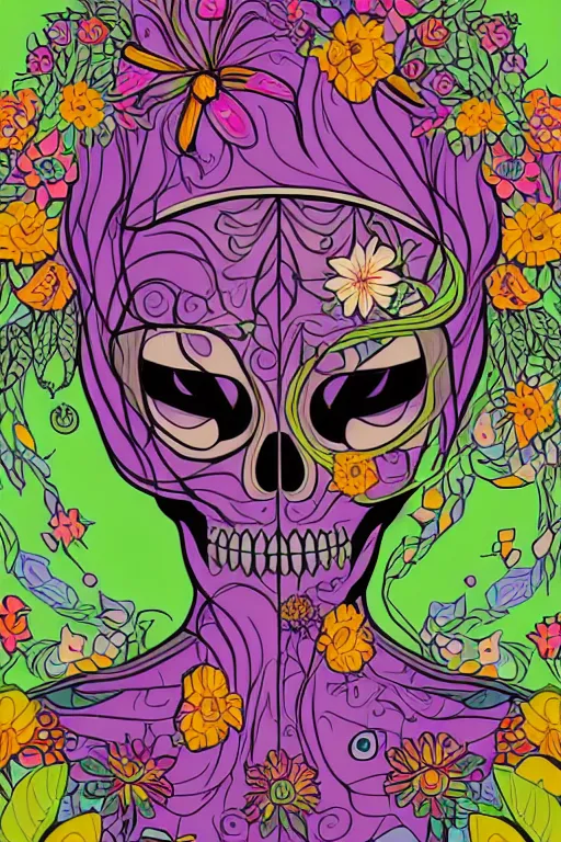 Image similar to portrait of a flower skeletor girl, art by milka oxana, sticker, colorful, illustration, highly detailed, simple, smooth and clean vector curves, no jagged lines, vector art, smooth