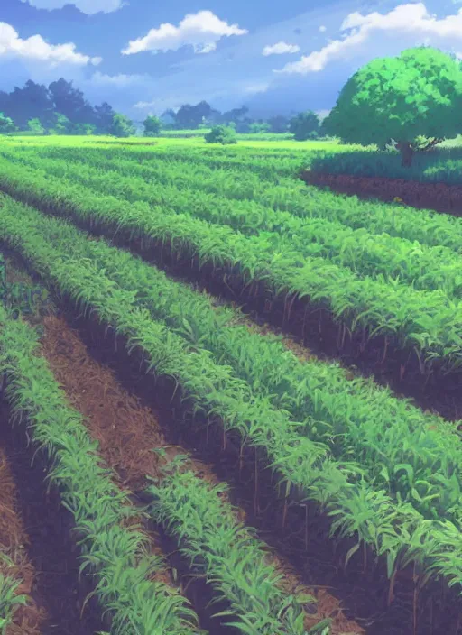 Image similar to beautiful farm with crops in neat rows by makoto shinkai