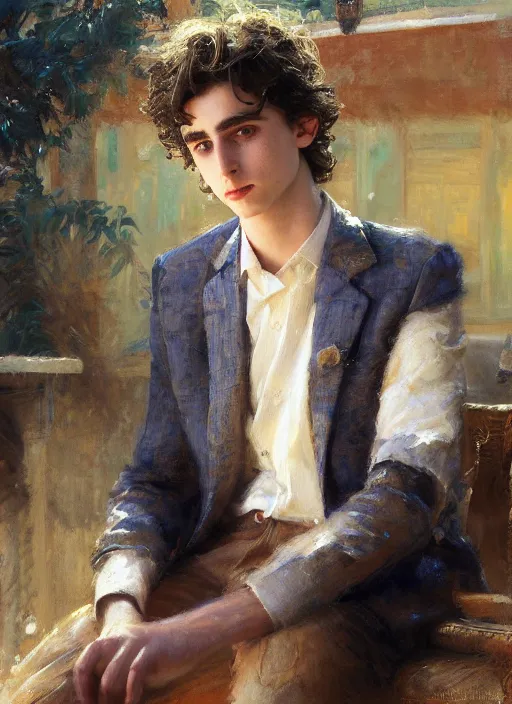 Prompt: timothee chalamet portrait, sitting down behind table, restaurant, artwork by gaston bussiere, craig mullins, trending on artstation