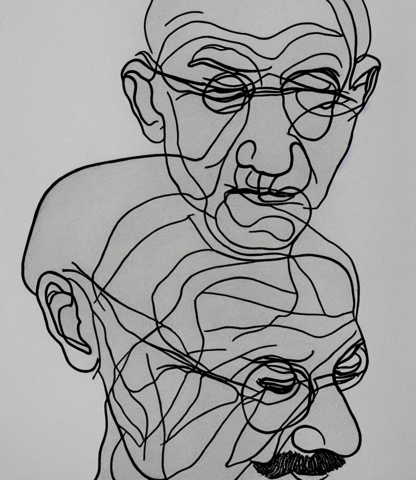 Image similar to elegant minimalist line art portrait of mahatma gandhi. inspired by egon schiele. contour lines, graphic musicality, twirls, curls and curves, strong confident personality, staring at the viewer