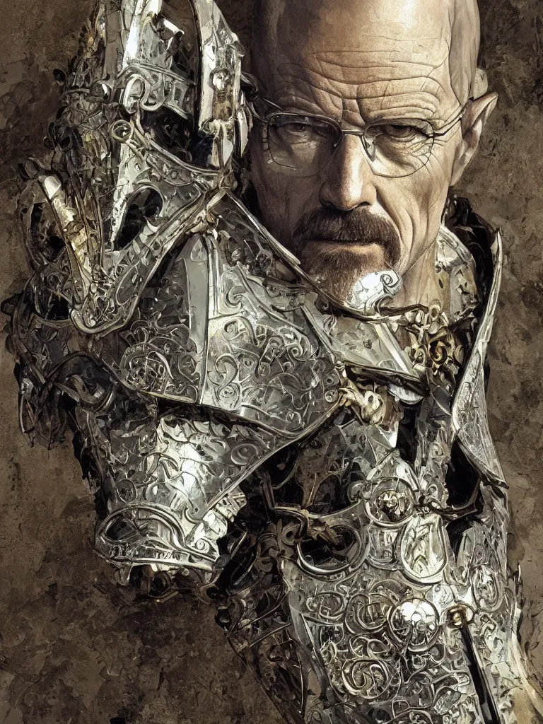 Image similar to Walter white, European beautiful luxury and evil and victorian and gothic medieval white armor knight portrait, front face, ultradetail face, ruined gothic cathedral, art and illustration by tian zi and craig mullins and WLOP and alphonse mucha, ssci-fi, fantasy, intricate complexity, human structure, hypermaximalist, fantasy character concept, dynamic lighting, shafts of golden light, f/1.2, hyperrealism 8k