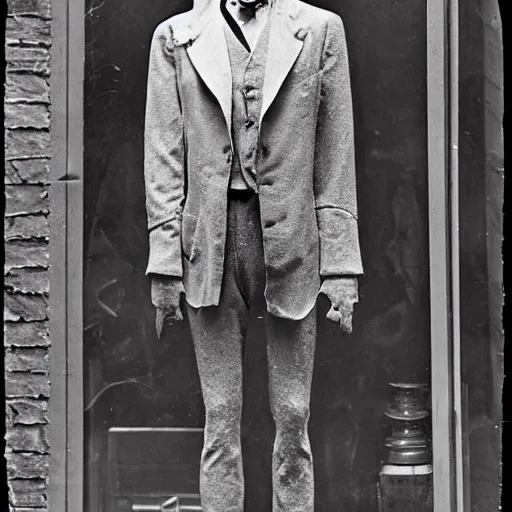 Image similar to 1 9 1 0 paris store window, manikin, suit, wax head, photograph, style of atget, old, creepy, smiling