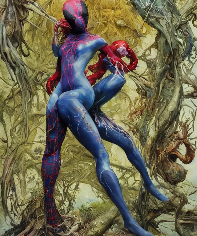 Image similar to a portrait photograph of spider gwen as a mutated harpy super villian with slimy amphibian blue skin. she is wearing a colorful living organic infected catsuit with tendrils and slime. by donato giancola, hans holbein, walton ford, gaston bussiere, peter mohrbacher and brian froud. 8 k, cgsociety, fashion editorial