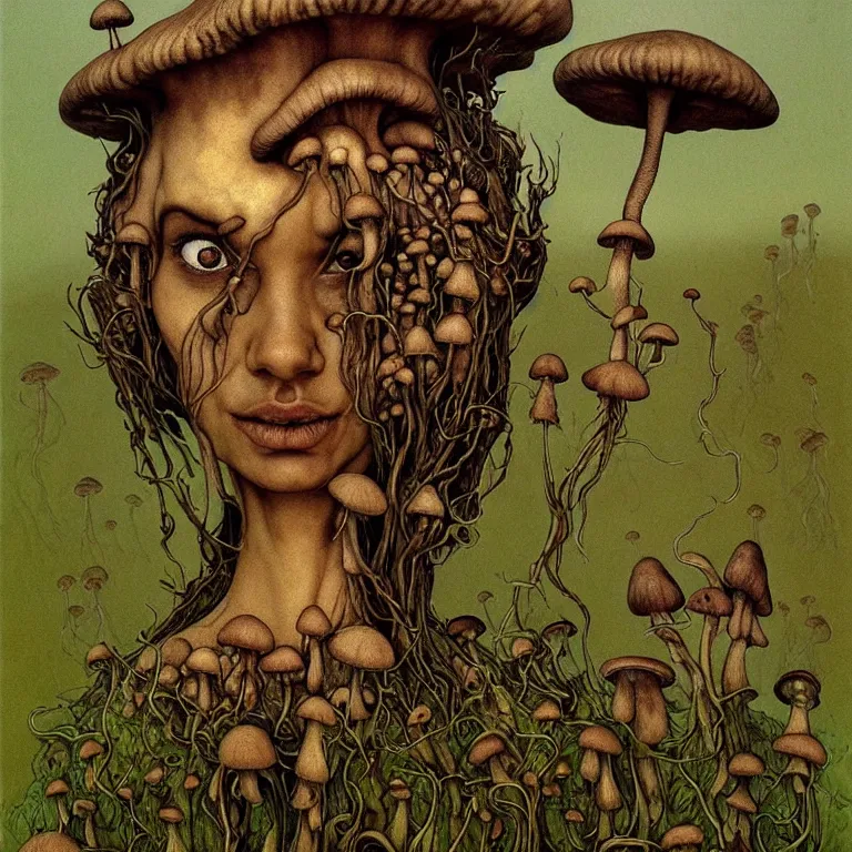 Image similar to A funguswoman stands among the mushroom hills. Lush mold. Wearing a fungus and mushroom. Perfect faces, symmetrical faces, symmetrical features, coherent faces, extremely high detailed, fine details, realistic, fantasy art, solo, masterpiece, art by Zdzisław Beksiński, Arthur Rackham, Dariusz Zawadzki, Edward Robert Hughes, Eugene de Blaas, Frederic Leighton