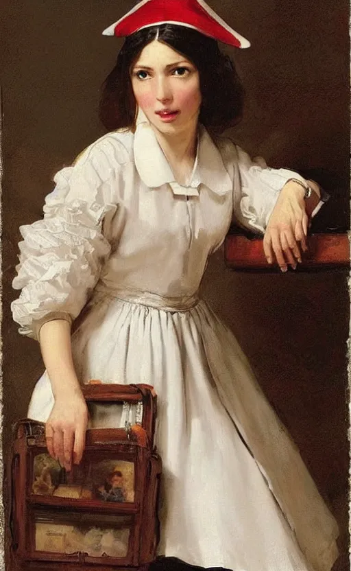 Prompt: nurse girl, nurse uniform, nurse skirt, nurse blouse, nursing, white skirt, white blouse, battle angel alita. by rembrandt 1 6 6 7, illustration, by konstantin razumov, by william - adolphe bouguerea