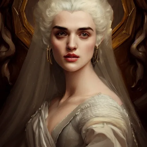 Image similar to beautiful & striking Katie McGrath as a 1700s princess by Artgerm and Greg Rutkowski, intricate, elegant, highly detailed, digital painting, artstation, concept art, moody, sharp focus, illustration,