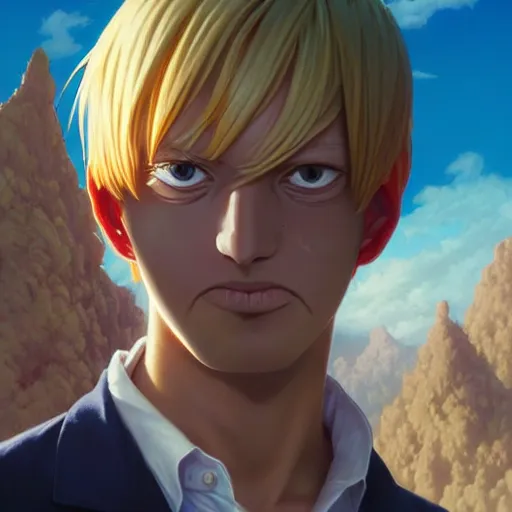 Image similar to highly detailed vfx portrait of serene sanji by eiichiro oda, blonde hair, stephen bliss, greg rutkowski, rhads, makoto shinkai, tom bagshaw, alphonse mucha, sharp focus, art by artgerm, greg rutkowski, stanley kubrick, backlit, harsh overhead sunlight, matte, johannes vermeer,