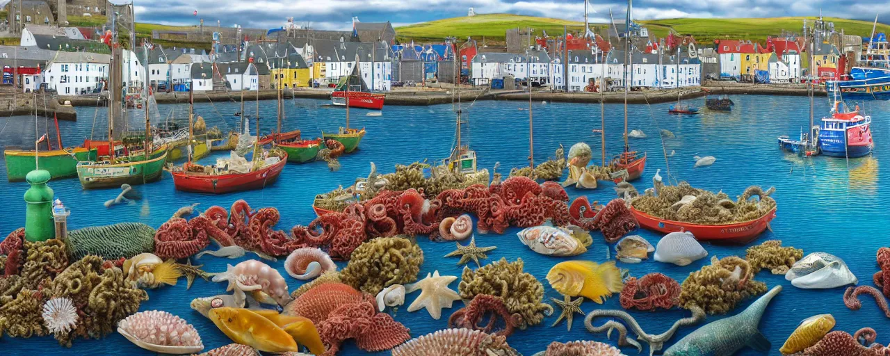 Prompt: a miniature diorama of the harbour at stromness orkney, by kevin sloan, colorful, crowds, fish market stalls, seaweed, shells, starfish, seahorse, octopus, dutch masters, very detailed, octane render, cinematic lighting, 8 k, hd