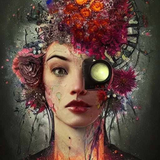 Prompt: art portrait of a camera with flowers exploding out of head, cameras, decaying ,8k,by tristan eaton,Stanley Artgermm,Tom Bagshaw,Greg Rutkowski,Carne Griffiths, Ayami Kojima, Beksinski, Giger,trending on DeviantArt,face enhance,hyper detailed,minimalist,cybernetic, android, blade runner,full of colour,