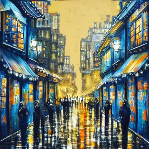 Image similar to brightly illuminated city street on a rainy day, acrylic and silver leaf on canvas, very beautiful, extremely detailed, stunning masterpiece by a very talented artist