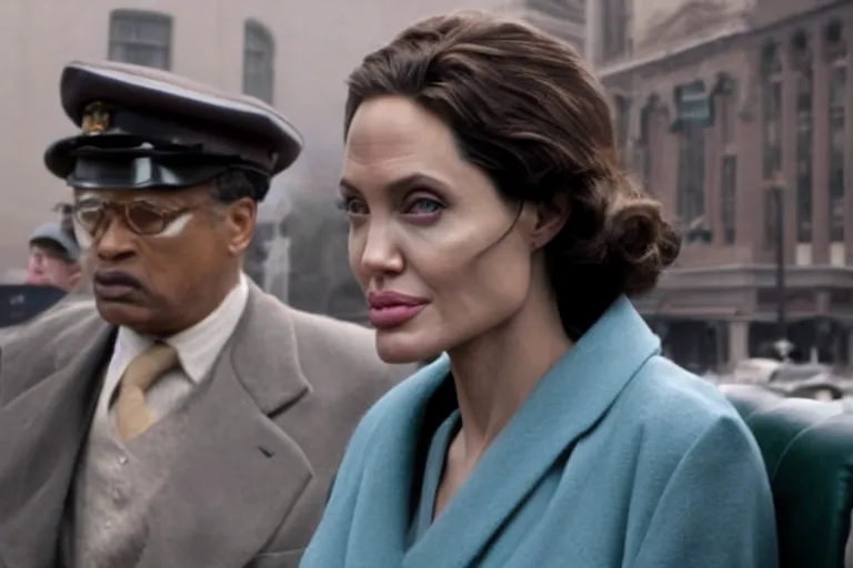 Image similar to Angelina Jolie as Rosa Parks in 'Rosa' (2007), movie still frame, promotional image, imax 70 mm footage, oscar nominated cinematography, volumetric lighting, 8k resolution