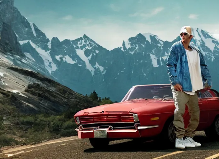 Image similar to a very high resolution image from a new movie, eminem driving a car. mountains, directed by wes anderson