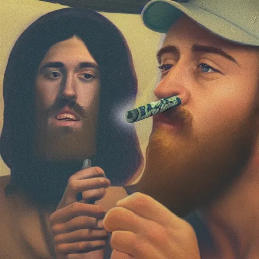 Image similar to a ultra detail picture portrait of Mac Miller and Jesus smoking a joint in heaven, 8k, photorealistic