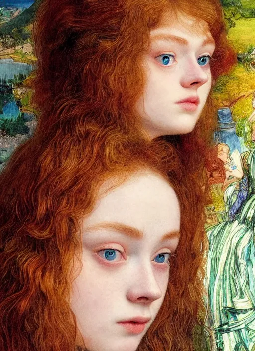 Image similar to sadie sink detailed colourful masterpiece of intricate preraphaelite photography couple portrait sat down extreme closeup, love, inside a full underwater train, detailed realistic expressions, wearing unusual clothes, by ford madox brown and william powell frith and frederic leighton and john william waterhouse and william morris, ultra wide angle