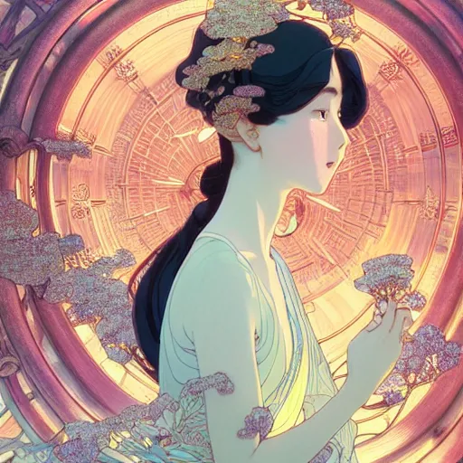 Image similar to a beautiful exquisite delicate hyperdetailed character design 4 k wallpaper illustration of a divine princess, victo ngai style, elegant, finely detailed perfect face, style of studio ghibli, makoto shinkai, raphael lacoste, louis comfort tiffany, denoise, deblurring, artgerm, james jean, ross tran, alphonse maria mucha, chinese style